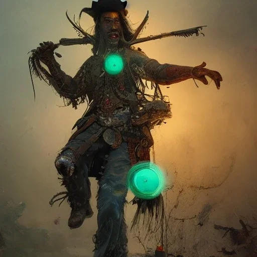 Insanely detailed photograph of an “ a midevil cowboy warrior "with worn Sombrero, handsome charo,cigar,glowing bluish green orb in outstretched hand, hyperdetailed painting by Ismail Inceoglu Huang Guangjian and Dan Witz CGSociety ZBrush Central fantasy art album cover art,8K, hdr, mysterious, flickeringlights ,Stoic