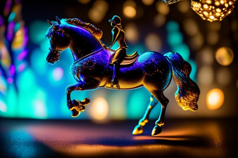 night, dark room, bioluminescent Coloured glass dynamically jumping horse set with gemstones, glittering metal stems and gemstone leaves on a room table sharp focus elegant extremely detailed intricate very attractive beautiful dynamic lighting fantastic view crisp quality exquisite detail gems and jewels S<AI Weight:1 Professional photography, bokeh, natural lighting, canon lens, shot on dslr 64 megapixels sharp focus Weight:0.9