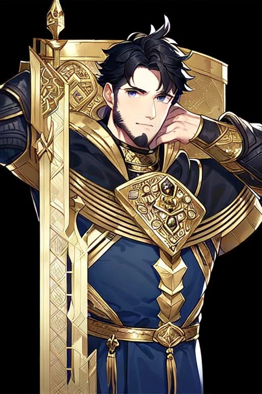 A handsome 30 year old knight, black hair, dark blue eyes, male shaggy haircut, in black-and-gold plate armor, no beard, european, portrait