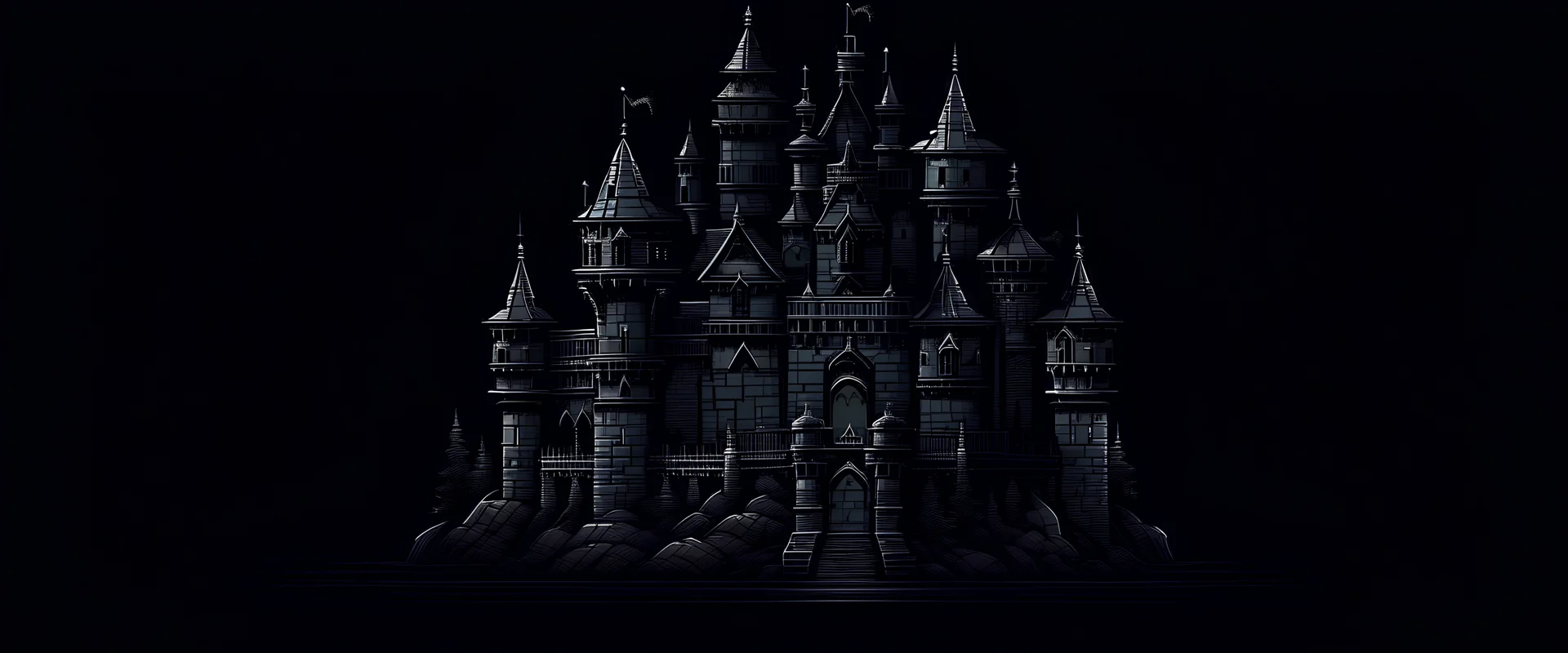 generate a draw minimal style black , an old castle in a dark room and a lot of items