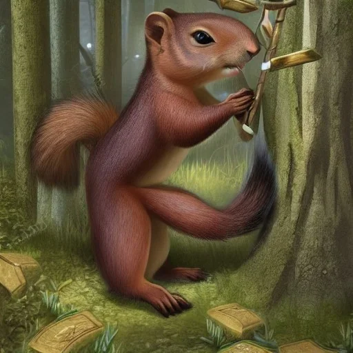 Fantasy image,wooded background, Giant squirrel,attacking a person,d&d