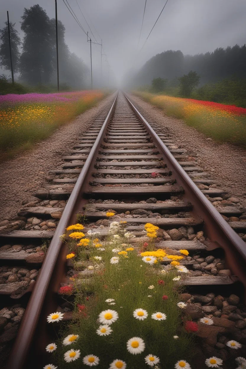 a train tracks in it a lot of colorful wild flowers , a train shows is coming forward , foggy, cloudy gray sky, and thunders , a side view of a dear legs stocked and it can not move