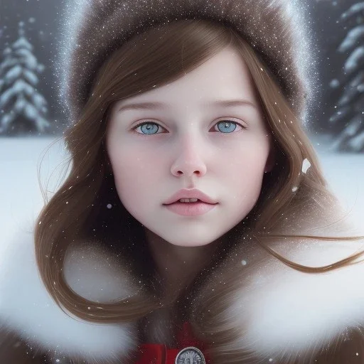 Portrait of girl child with brown hair and with cute face, north pole snowy vibe , perfect composition, hyperrealistic, super detailed, 8k, high quality, trending art, trending on artstation, sharp focus, studio photo, intricate details, highly detailed, by greg rutkowski