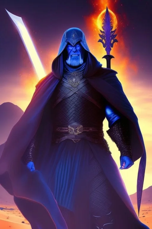 Thanos is the god of power and evil The commander wears a black cloak and a long coat with long combat boots and a long spear with a hat under his cloak with blue flame eyes, a sword like a spear The sun in the palm of a brave man in the middle of the desert