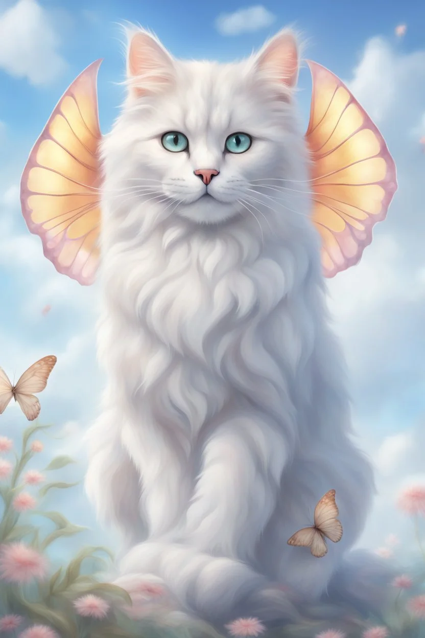 fantasy. a big happy cat with soft fluffy colored fur and translucent wings like a butterfly flies across a realistic sky. clear details.