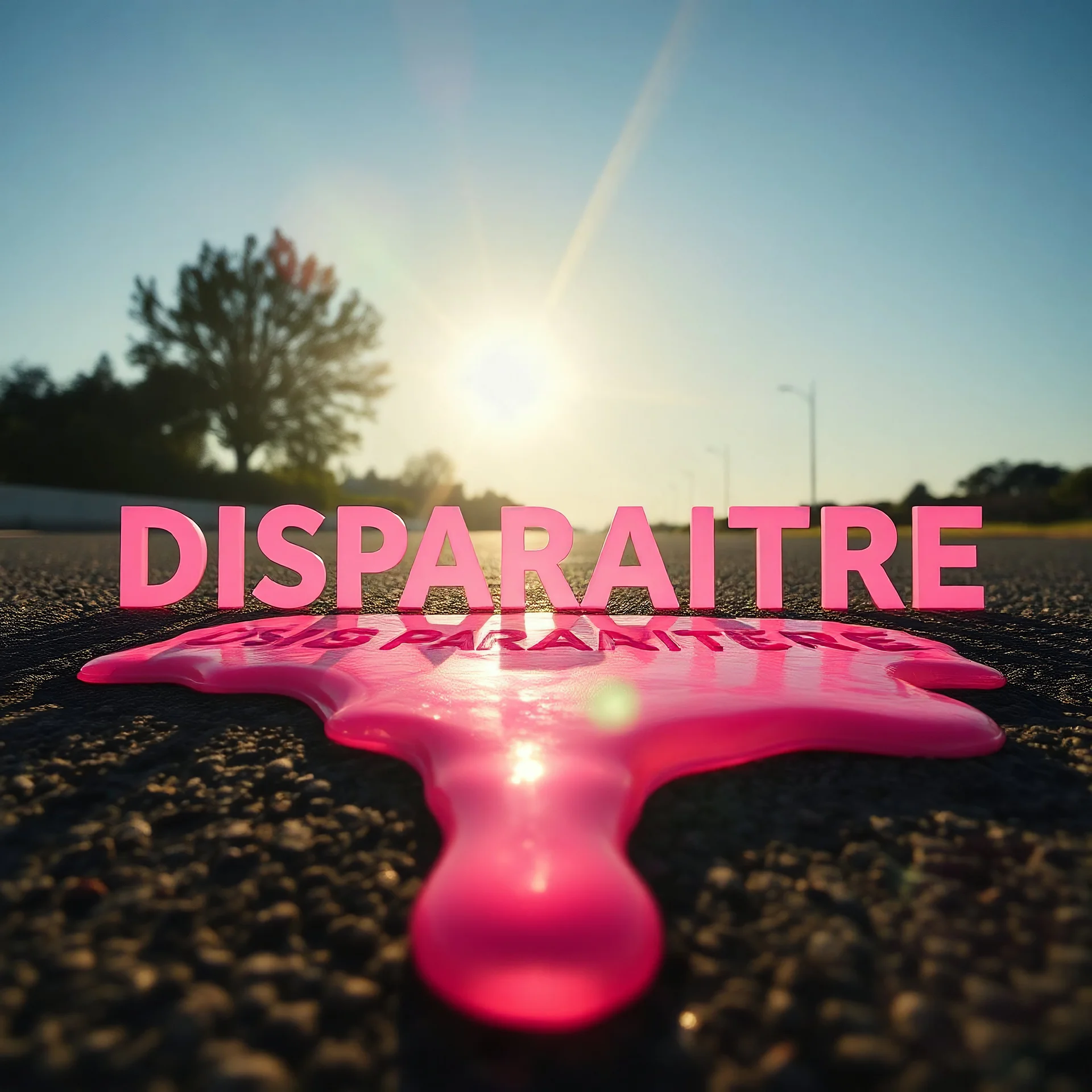plastique rose qui fond au soleil sur le bitume , avec le mot français "DISPARAITRE", soleil éblouissant
