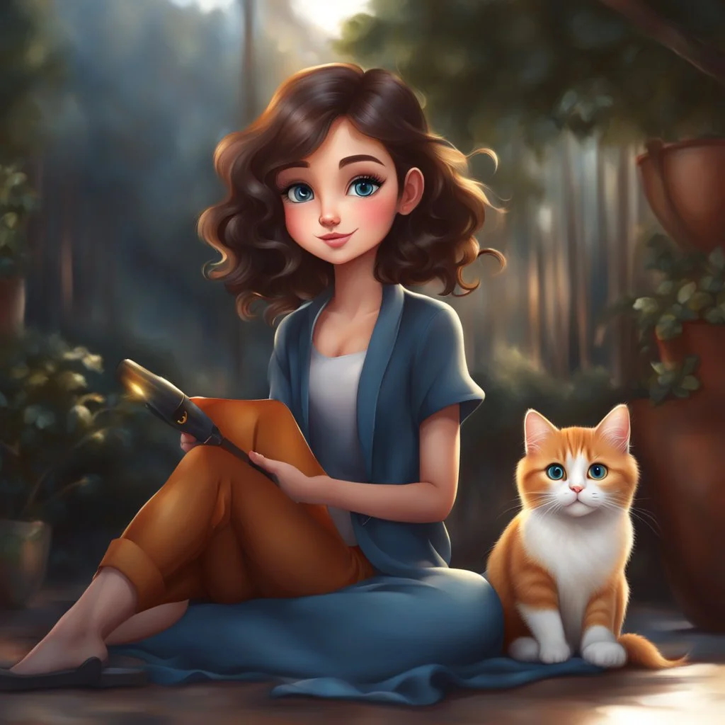 very beautiful realistic cartoon girl with cat