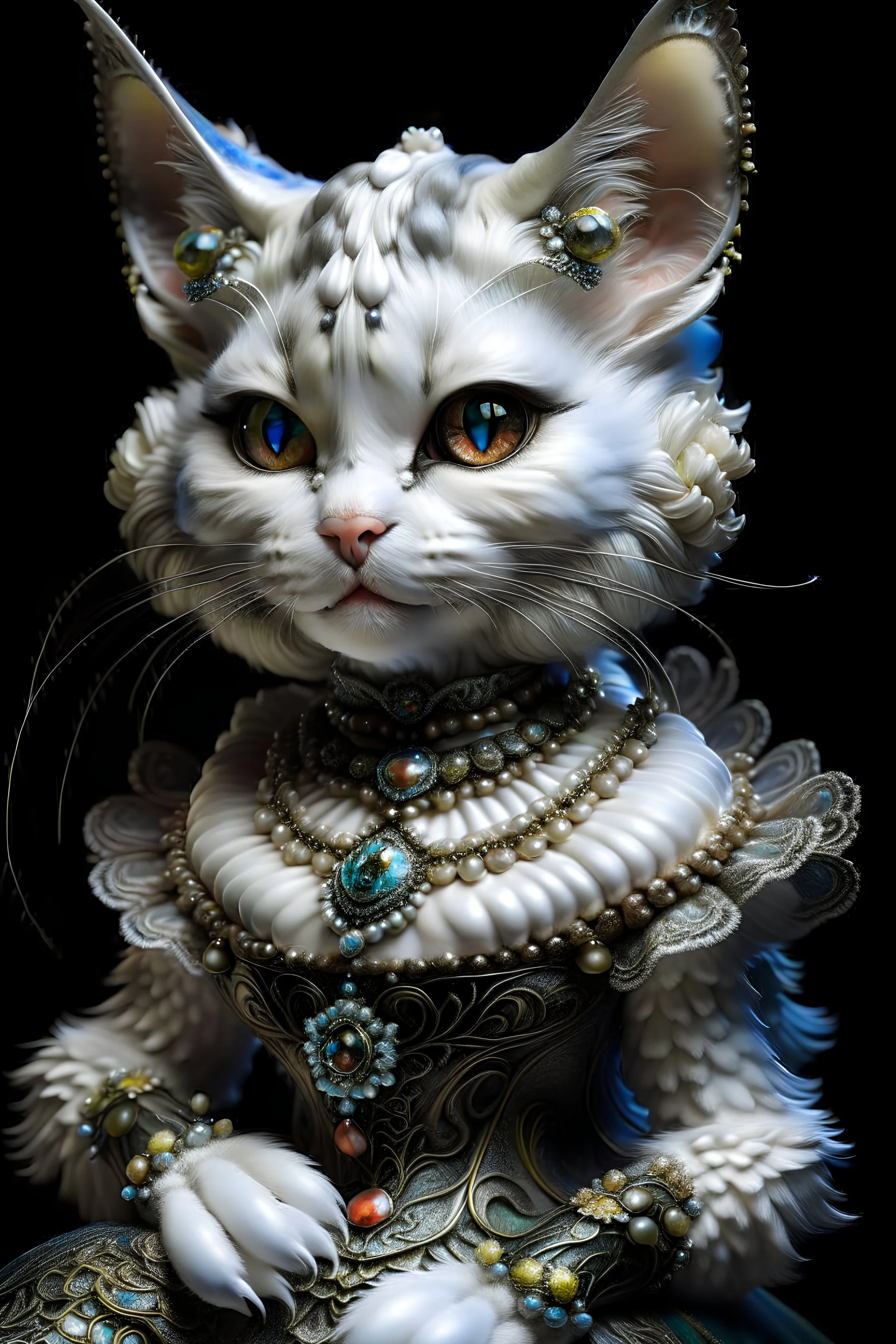 The style of the artist Jean-Baptiste Monge. A humanoid cheerful opalescent kitty girl with white fur. colorful. close-up, black eyes. The black dress is decorated with filigree silver thread and opal stones. to detailed, imperial colors, intricate, fantastic appearance, fresh quality, ultra-realistic, high detail, colorful. Jacek Jerka, Ivana Lifshitz, Megan Duncanson, Catherine Abel, Lisa Frank, H. Giger