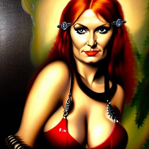 oil Portrait of adult busty beautiful Red Sonja with green sad eyes looking to viewer, nose piercing,with ruby necklace by Frank Frazetta 8k