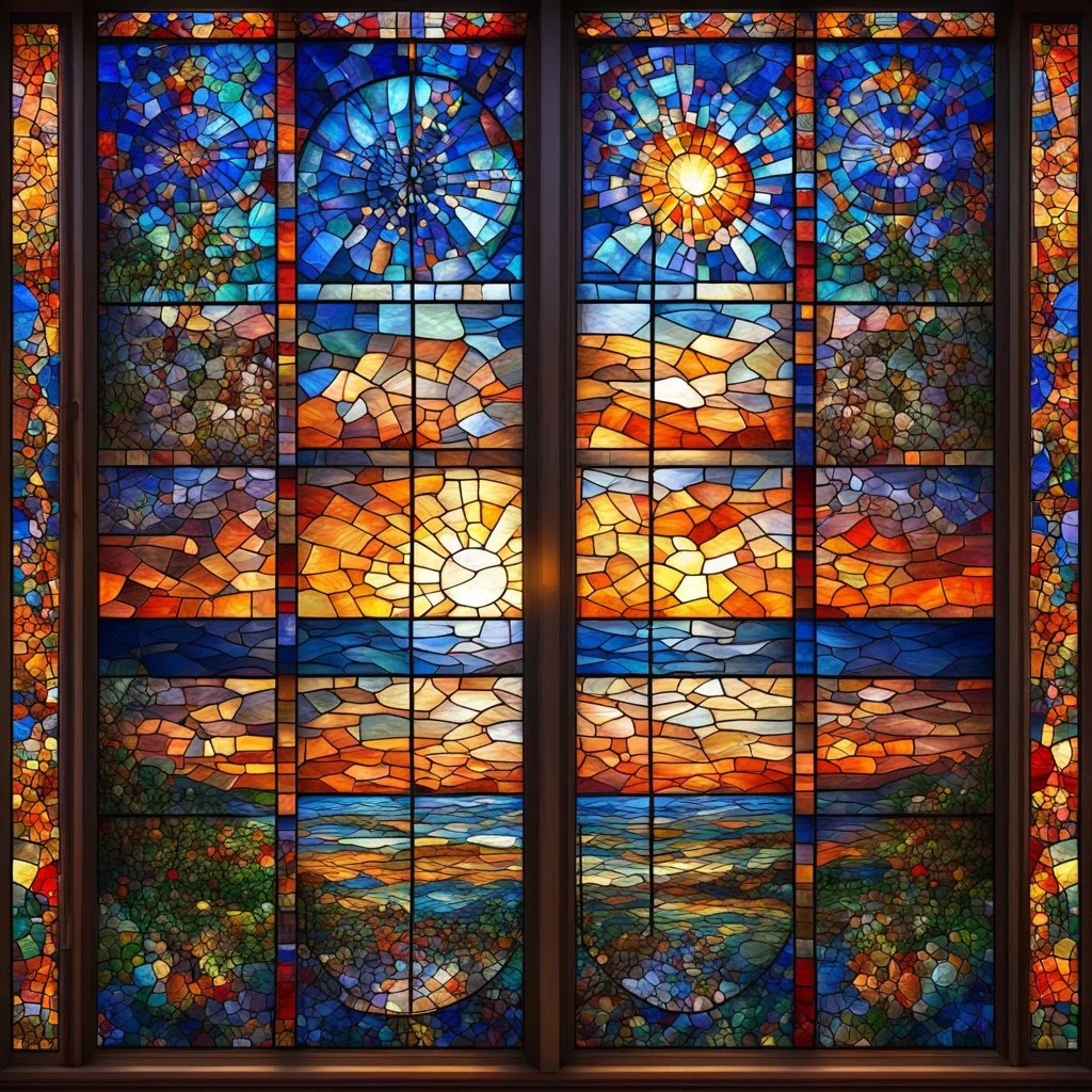 mesmerizing stained-glass four panel window depicting daytime, twilight, midnight and sunrise, mosaic with defined tiles, ultra hd, realistic, vivid colors, best quality, fragile, dynamic, transparency, photorealistic