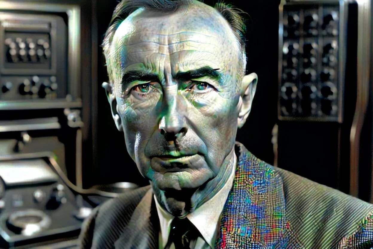 Schwarzweißfoto J. Robert Oppenheimer vor einem Cord 810 schaut Betrachter direkt an