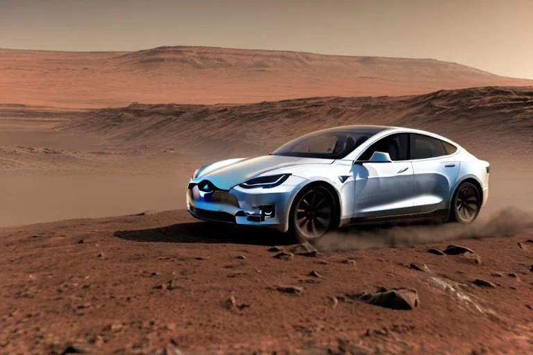 A Tesla 'Model Y' is drifting at high speeds, at the Cydonia region on Mars. (CINEMATIC, WIDE ANGLE LENS, PHOTO REAL)
