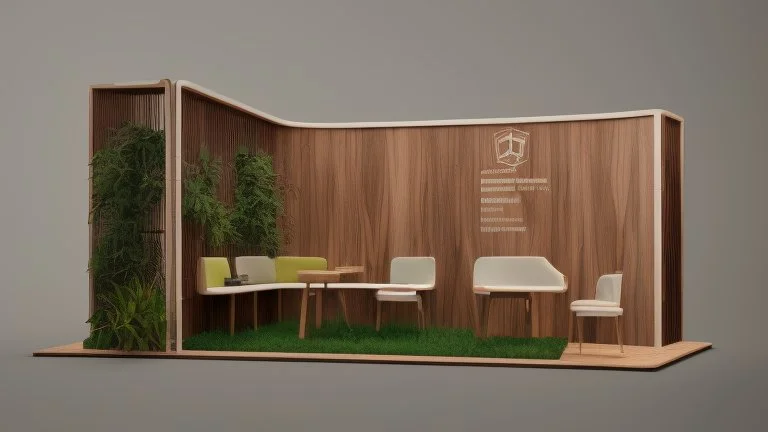 Corner exhibition stand in light colors with wood elements and greenery with two meeting areas