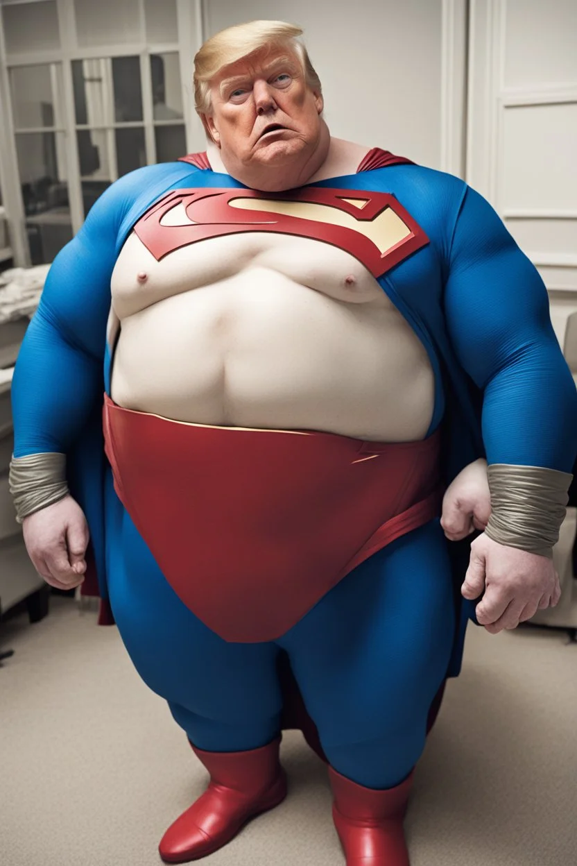 morbidly obese superman with donald trump's head and his belly hanging out