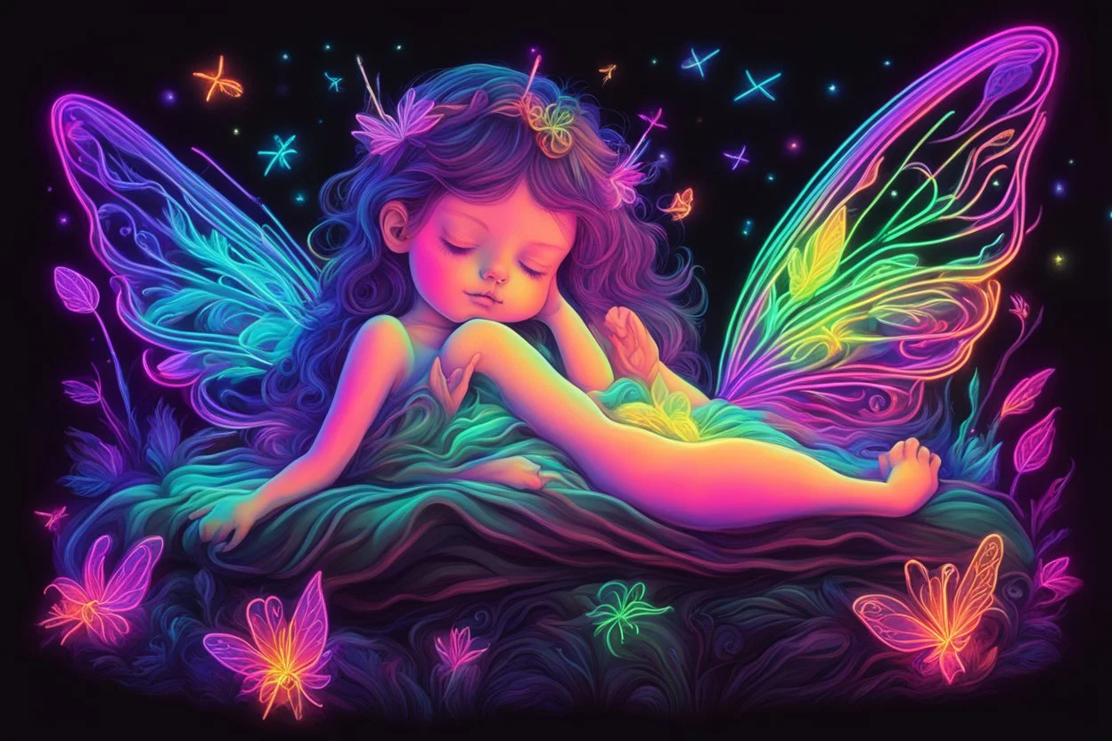 black light art neon colors cute sleeping fairy