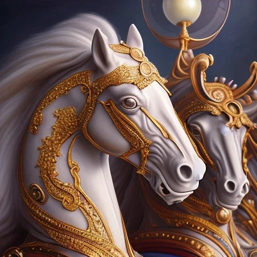 closeup of a beautiful ultra-detailed carousel horse on carousel, 1800s, chiaroscuro lighting , 8k UHD, realistic, matte painting, centered, illustration, muted colors,renaissance, artwork, high-quality, rocco, greg rutowski, howard lyon, brian froud, anne stokes