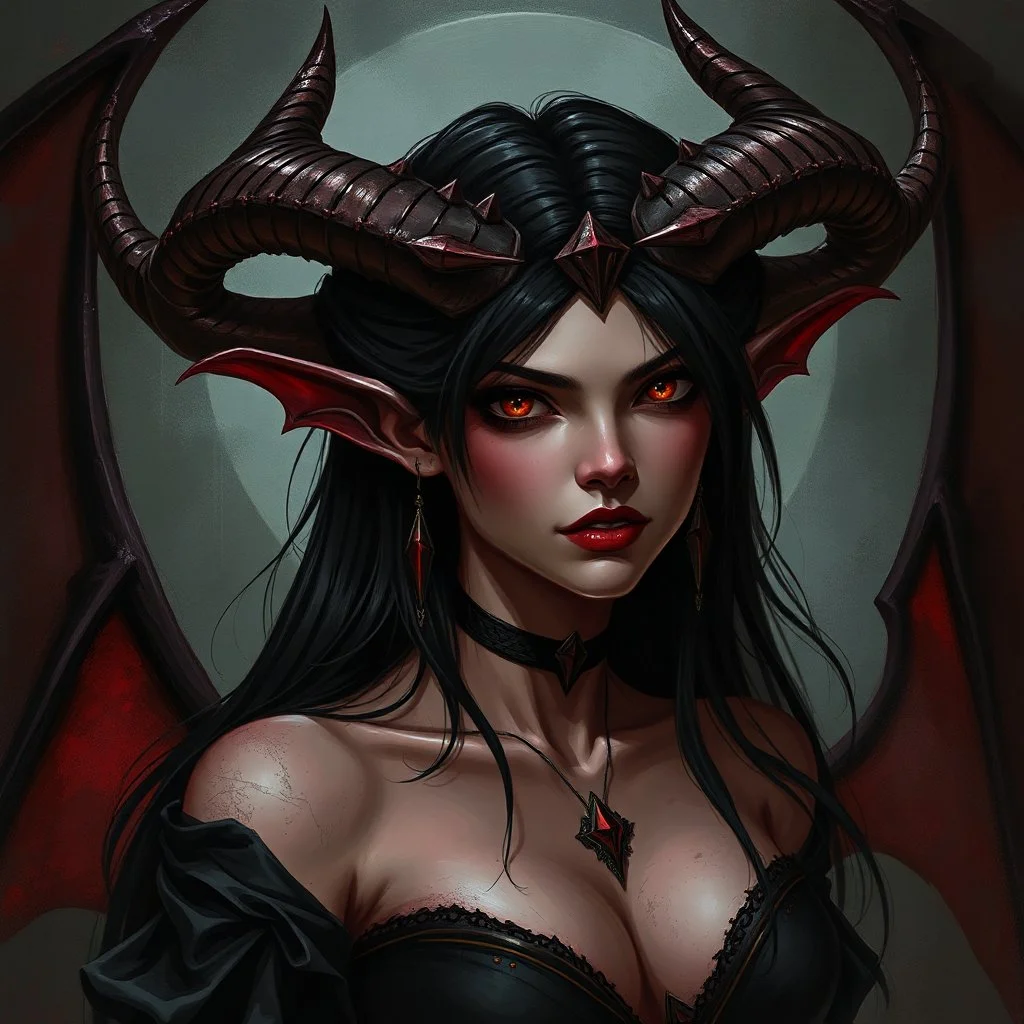 female demon, dark fantasy, realism, stylised, tiefling
