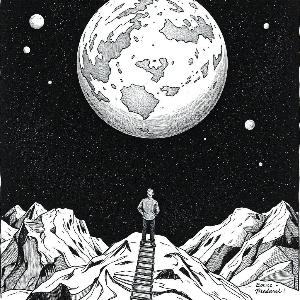 a alone man. pen and ink, birds eye view, illustrated by hergé, Background space and earth