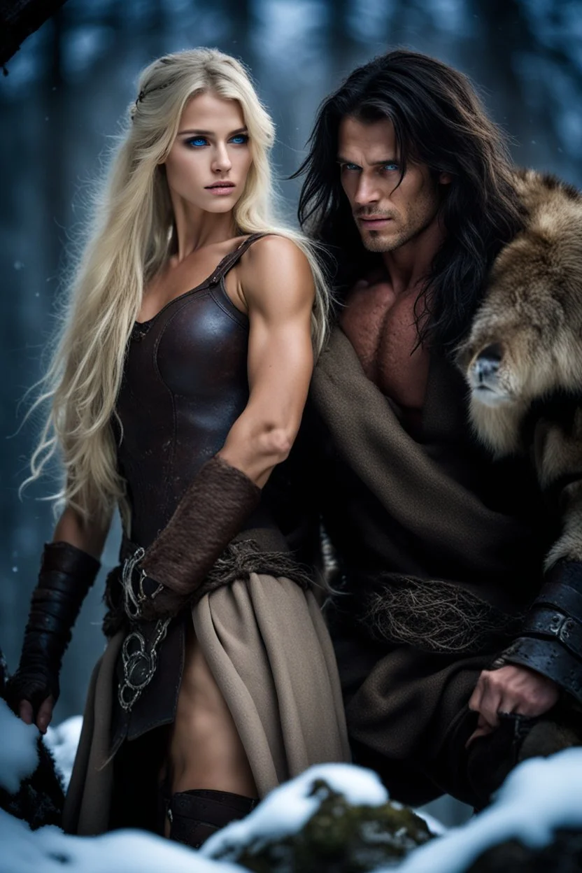 muscular male mountain man with long dark hair with a petit female long blonde hair and blue eyes, dark fantasy, snowy forest