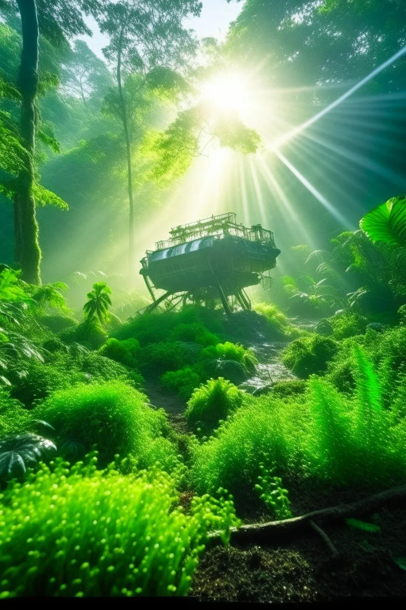 iss space station in the middle of the jungle, crashlanding, depth of field, light rays, mist