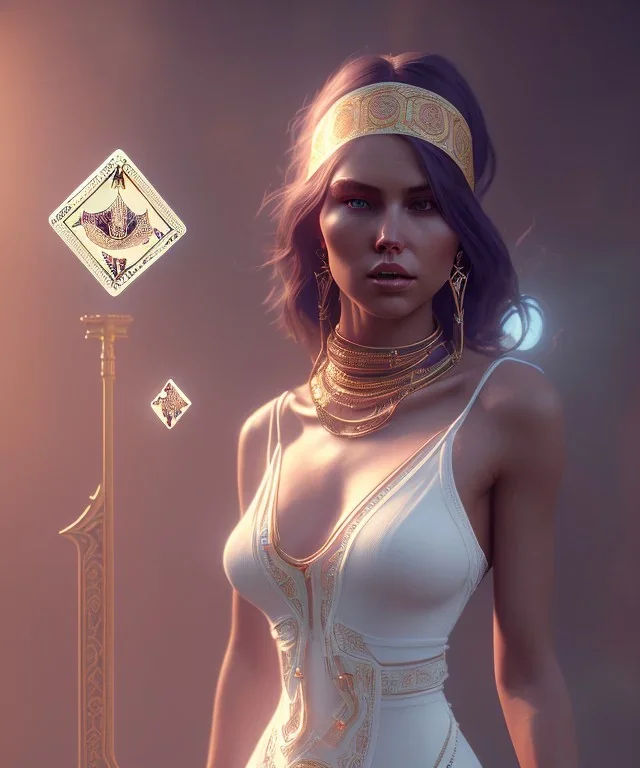 Gipsy, beautiful, curvy body, white fabric dress, beautiful long hair, bandana covering head, long earings, head and shoulders portrait, holding tarot card, 8k resolution concept art portrait by Greg Rutkowski, Unreal Engine 5 volumetric lighting