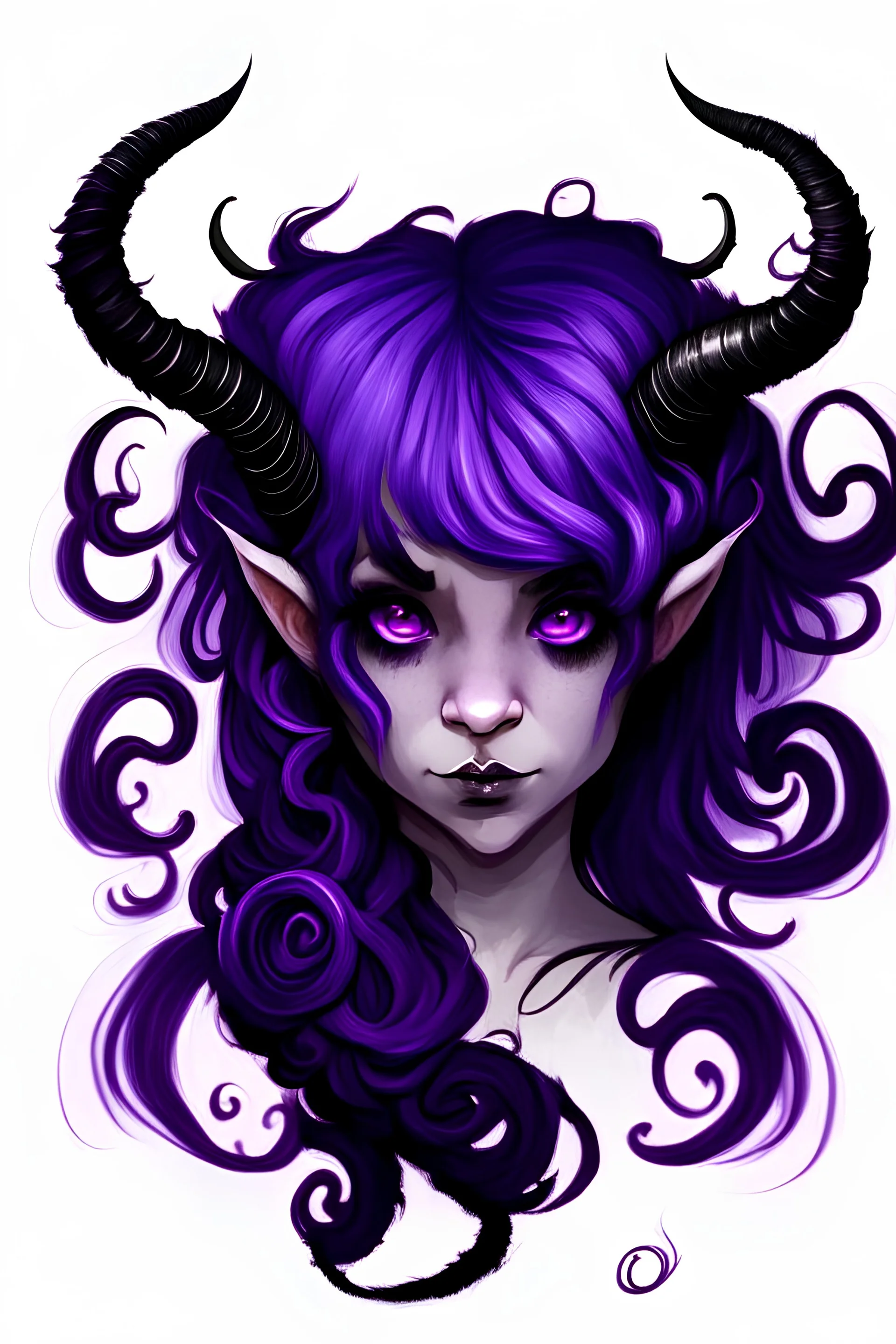 A girl with violet colored hair with black swirly horns