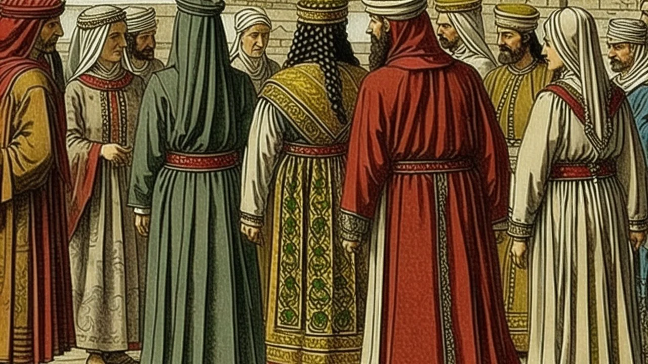 Rear view in 1490 of Andalusian men and women gathered around a commander in ancient Arab dress