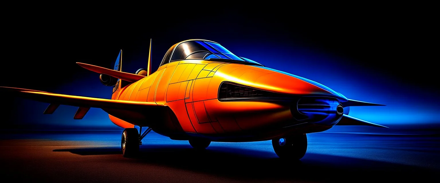 A national geographic award winning photograph of a military fighter jet station wagon wasp hybrid designed by volkswagen only one vehicle per image painted metallic orange traveling at a high rate of speed, jet intake off of front center of vehicle and jet exhaust out the rear with bright blue flame