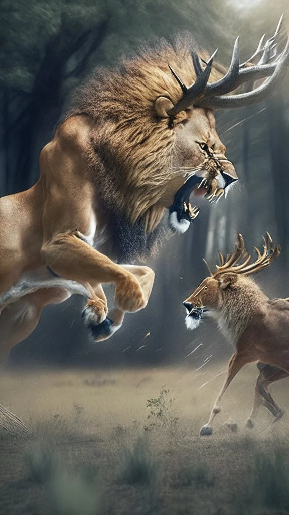 A lion attacking a deer, a realistic picture, a cinematic scene, more accurate hdr