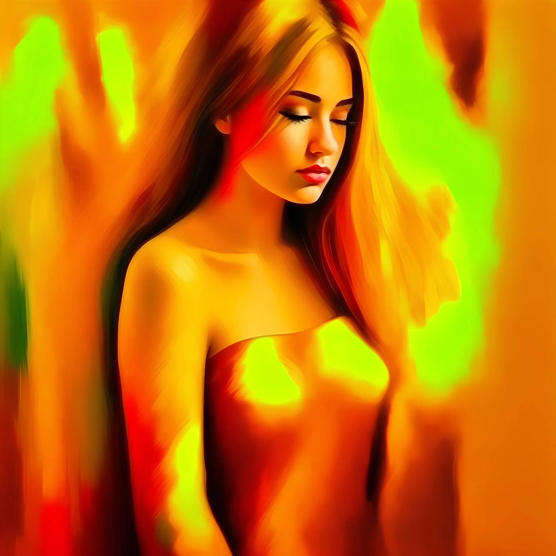 Abstract painting , blurred image of girl's figure, warm color , modern painting , oil color