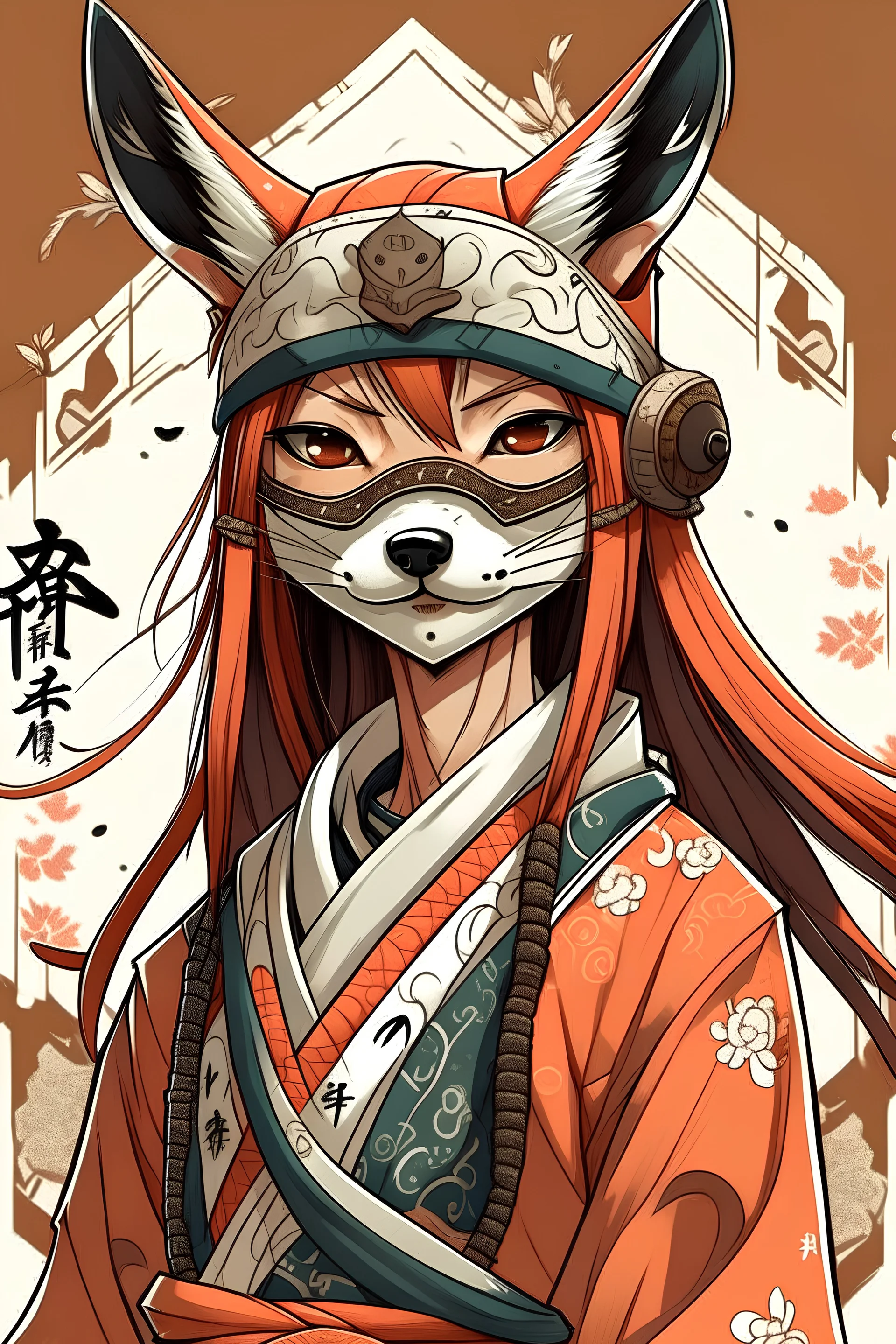 A teenage samurai girl wearing a Kitsune wood mask. She is wearing Japanese post-apocalyptic clothing.