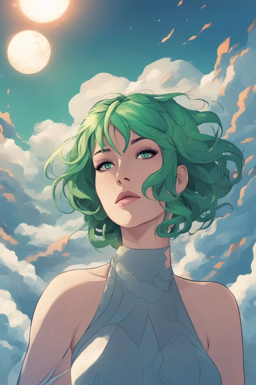 concept art of a beautiful woman with green hair, clouds, detailed digital artwork, illustrative, key visual, highly detailed, cinematic composition, sense of freedom and liberation, breaking free, holy light, majestic, magical, high contrast