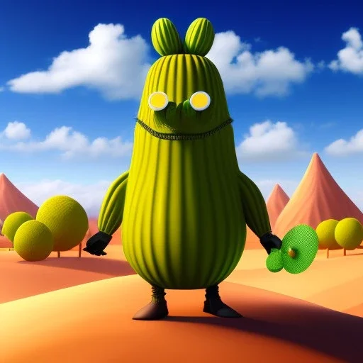 A giant, talking cactus wearing a top hat and monocle, standing in the middle of a desert oasis.