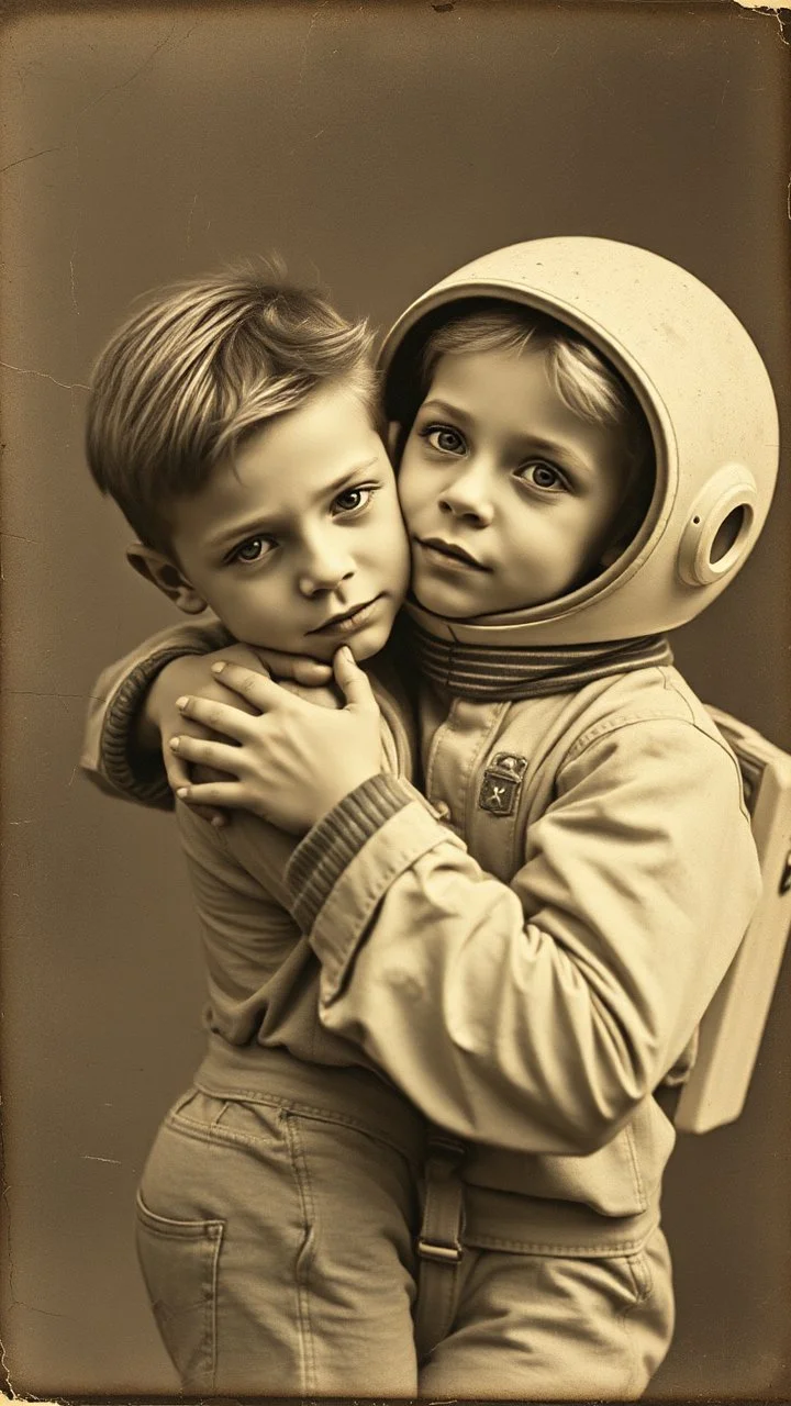 An old picture style of white and brown and very bad quality old Kodak camera with cracks of a beautiful boy hugging an Alien who is wearing a space suit, the year 1900