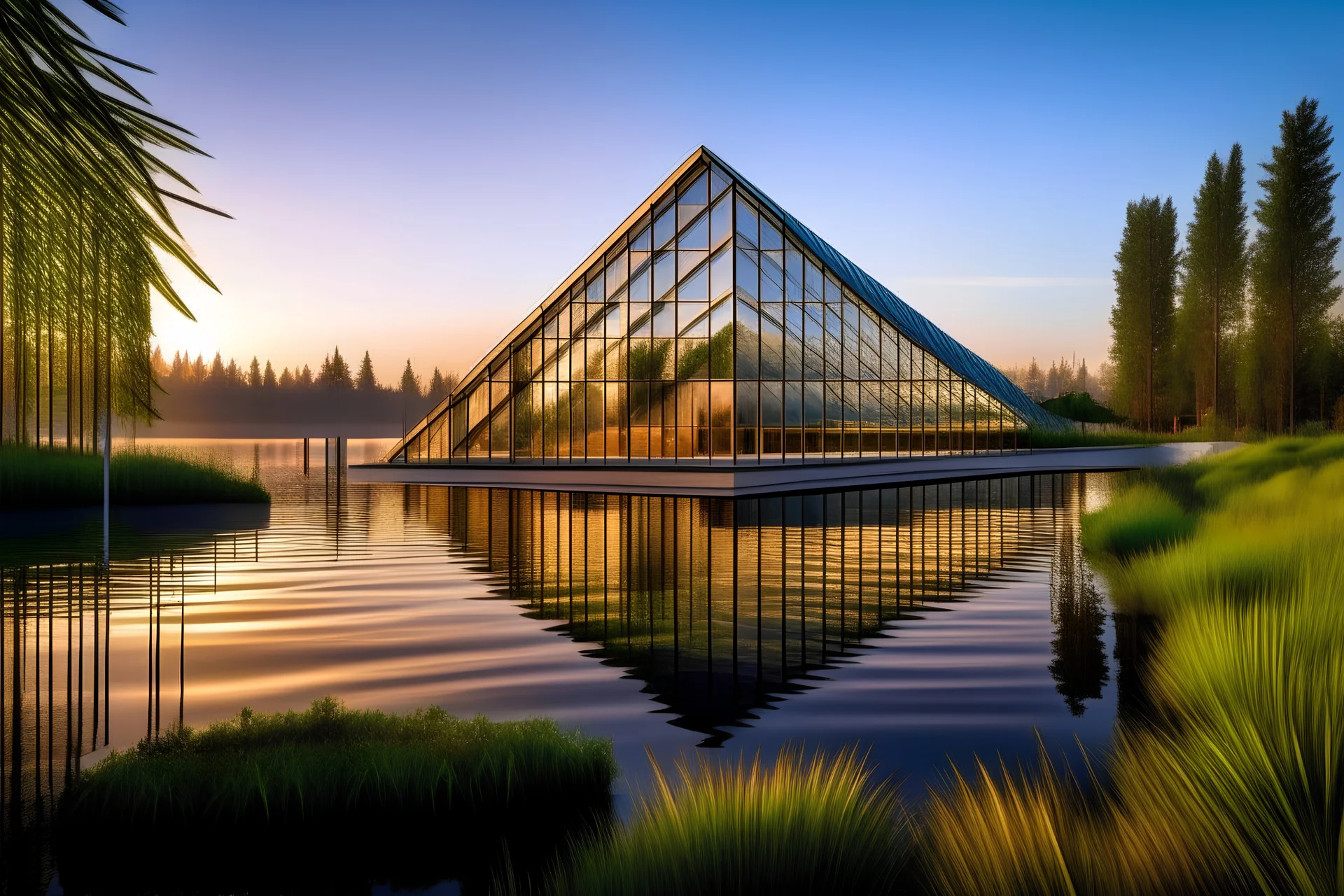 Triangular, Ethereal wood and glass sructure that is half submerged in the lake, rising up, repurposed warehouse, offices and art studios, at sunrise, high contrast, inside the warehouse are square modular offices and agritecture of green plants, midcentury modern minimal, suspended over a serene body of water in Oregon, showcasing the innovative architectural style of Renzo Piano, captured by Hiroshi Sugimoto, professional architecture plan --ar 16