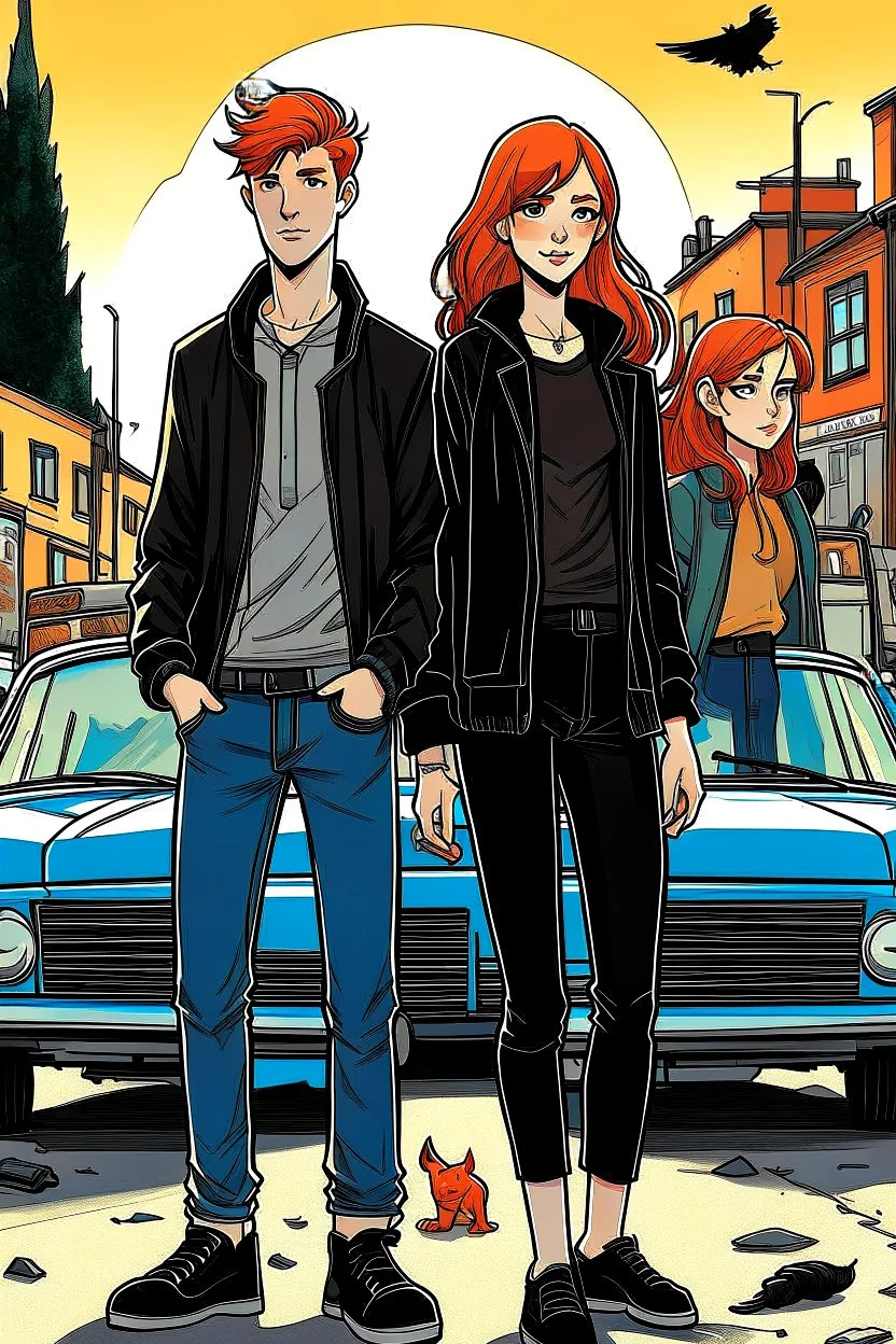 Two teenage brothers with ginger hair plus a teenage punk girl with dark hair are standing in characteristic book cover-style poses. Three black cats walk with them. They are young amateur detectives. The town street with a white van in the background, a mysterious atmosphere