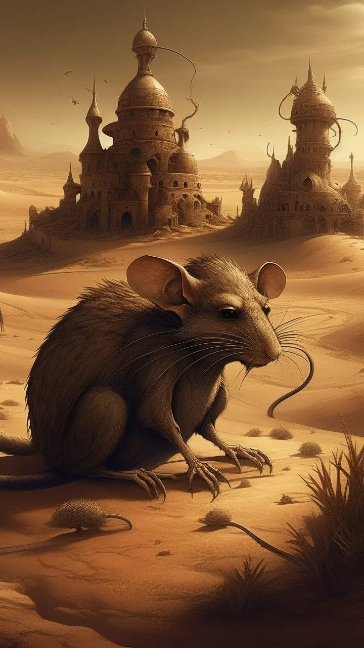 Rat in the forgotten desert in medieval times, in bosch nightmares style