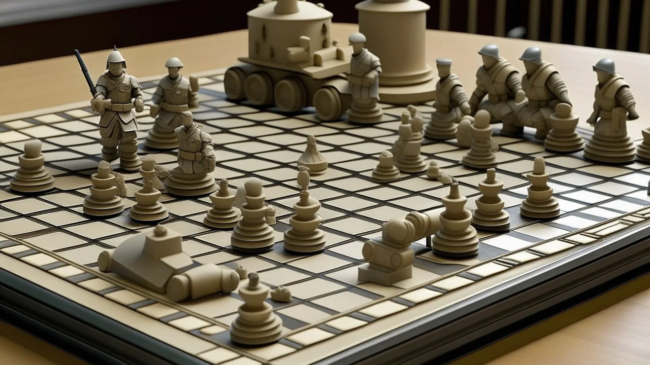 A chessboard with holes in it with tanks and soldiers on it