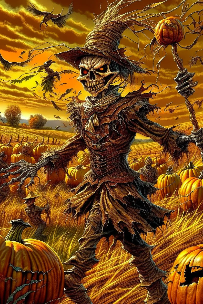 works by Mark Keatley, Josephine Wall, Ellen Jewett, Dan Mumford Cayenne, Victoria Francis. dancing scarecrow with a scary pumpkin head in a field with scarecrows, High Definition HD, High Detail, UHD Pen and Ink Art, Perfect Composition, Detailed Intricacy, Crazy Octane Rendering, Trending on Artstation, 8k Fine Art Photography, Photorealistic Con