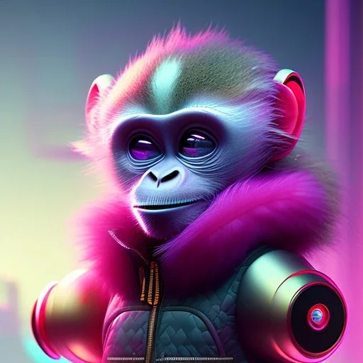 pixar style anamorphic cute cyberpunk monkey baby, smiling,gangsta gold neckless, full body, magenta puffer jacket, manila city backdrop, dramatic lighting, hyper realistic, unreal engine 5, 16k