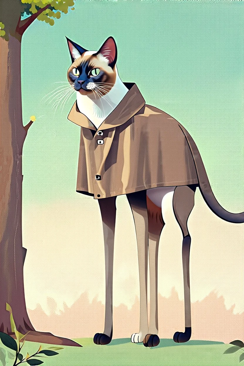 Surrealist minimalist illustration of [siamese cat] with extremely long slender legs, standing in [forest], wearing [a raincoat], under [tree]. Calm composition, full body view, centered, soft pastel gradients in the background, textured painterly style, smooth shading, clean lines. –no multiple characters, no clutter, no photorealism, no busy background