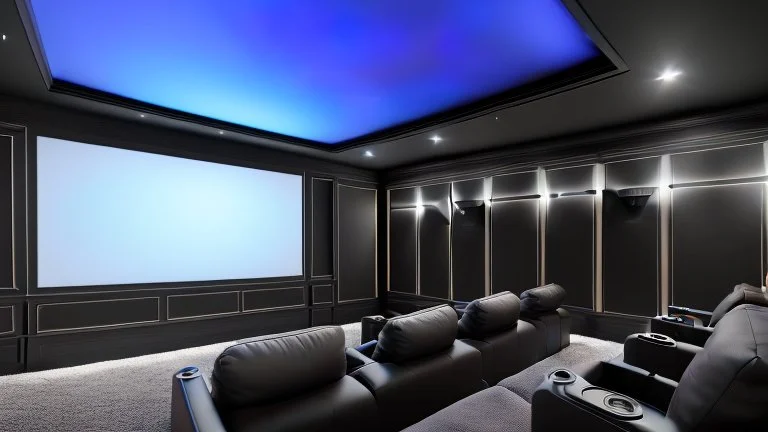 Generate an image of a sleek home cinema with our top-notch projectors and surround sound systems with a star-lined ceiling similar to a Rolls Royce in a high-rise penthouse