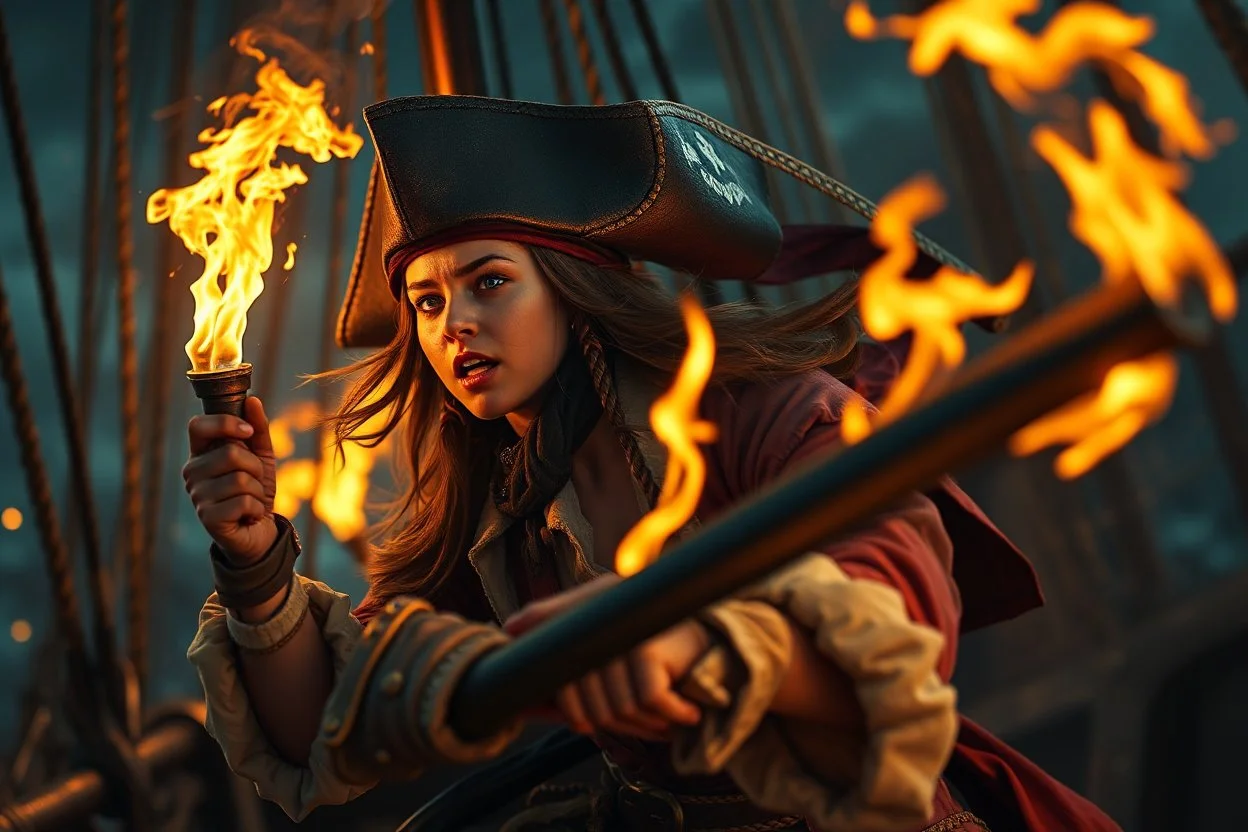 master oil painting, bad ass girl teen age nerd swashbuckler pirates fighting with torches and cannons in the night screaming like crazy as the enemy is boarding, in the style of Fallout 4 , bokeh like f/0.8, tilt-shift lens 8k, high detail, smooth render, down-light, unreal engine, prize winning