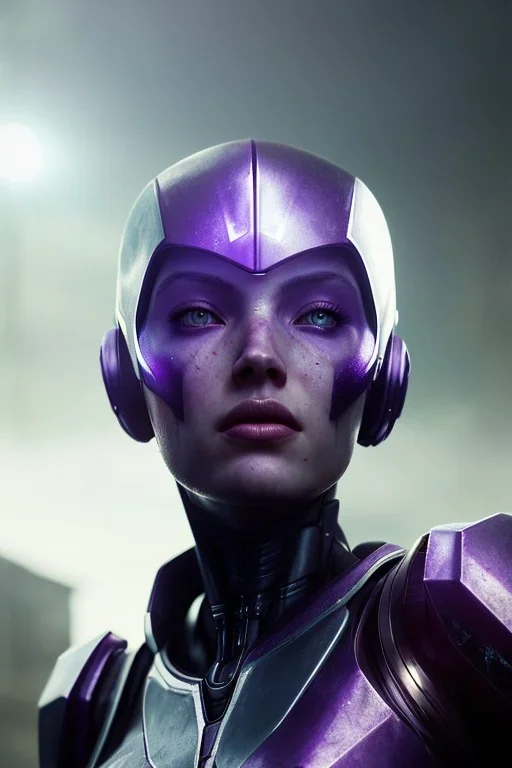 portrait,beautiful purple robot, post-apocalyptic in a cyberpunk city, realistic, intriacte detail, sci-fi fantasy style, volumetric lighting, particales,highly detailed,cinamatic, deep