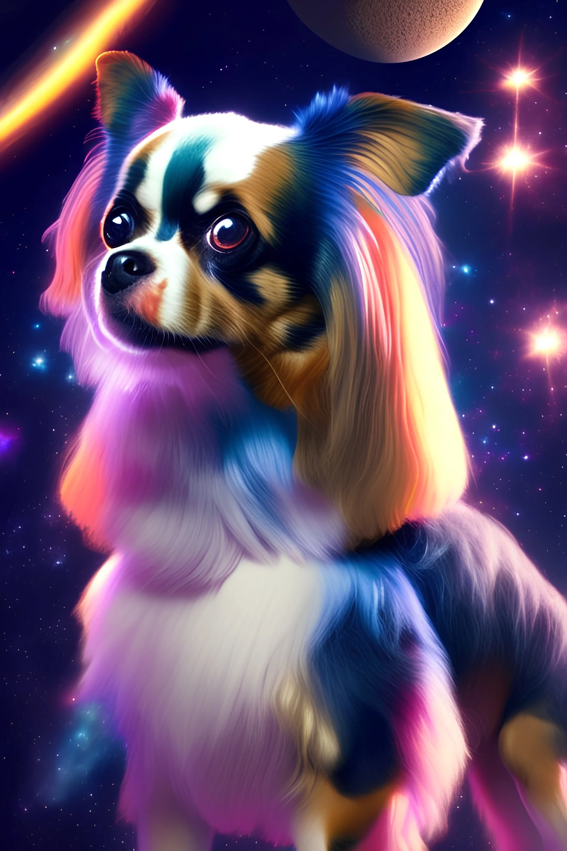 a dog from the race papillon in outer space