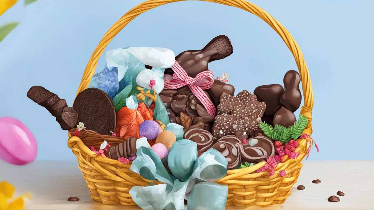 Fantasy cartoon illustration: a basket full of chocolate treats