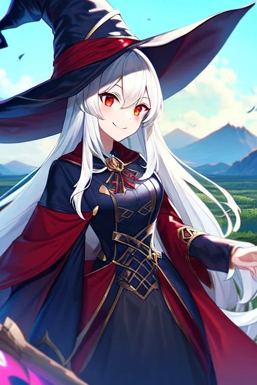 girl, masterpiece, best quality, cinematic lighting, detailed outfit, vibrant colors, perfect eyes, long hair, white hair, red eyes, witch outfit, smile, angry, landscape,