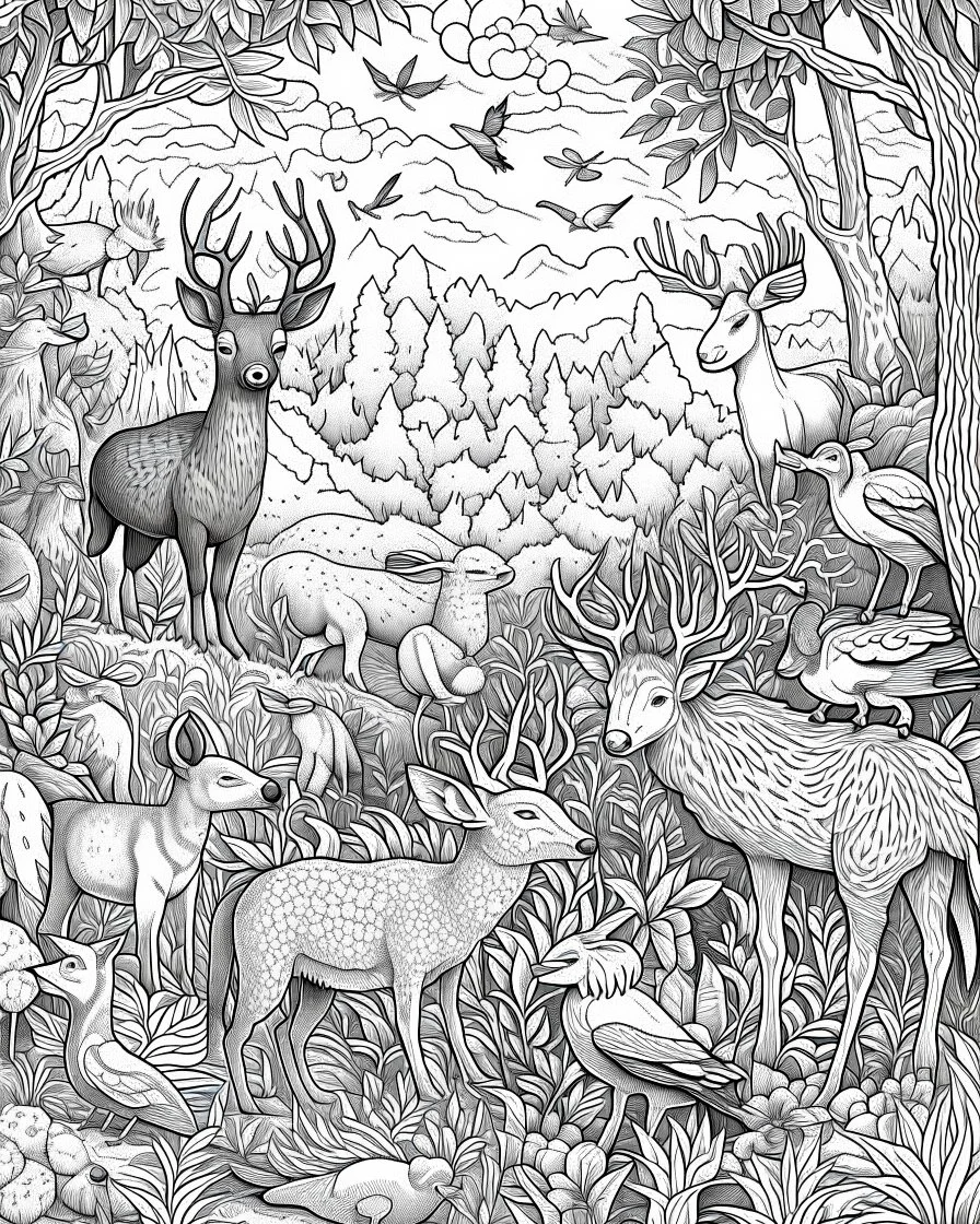 forest animals, coloring page, perfect composition, beautiful detailed intricate insanely detailed octane render trending on artstation, perfect coloering page,,white, ((((black and white)))))