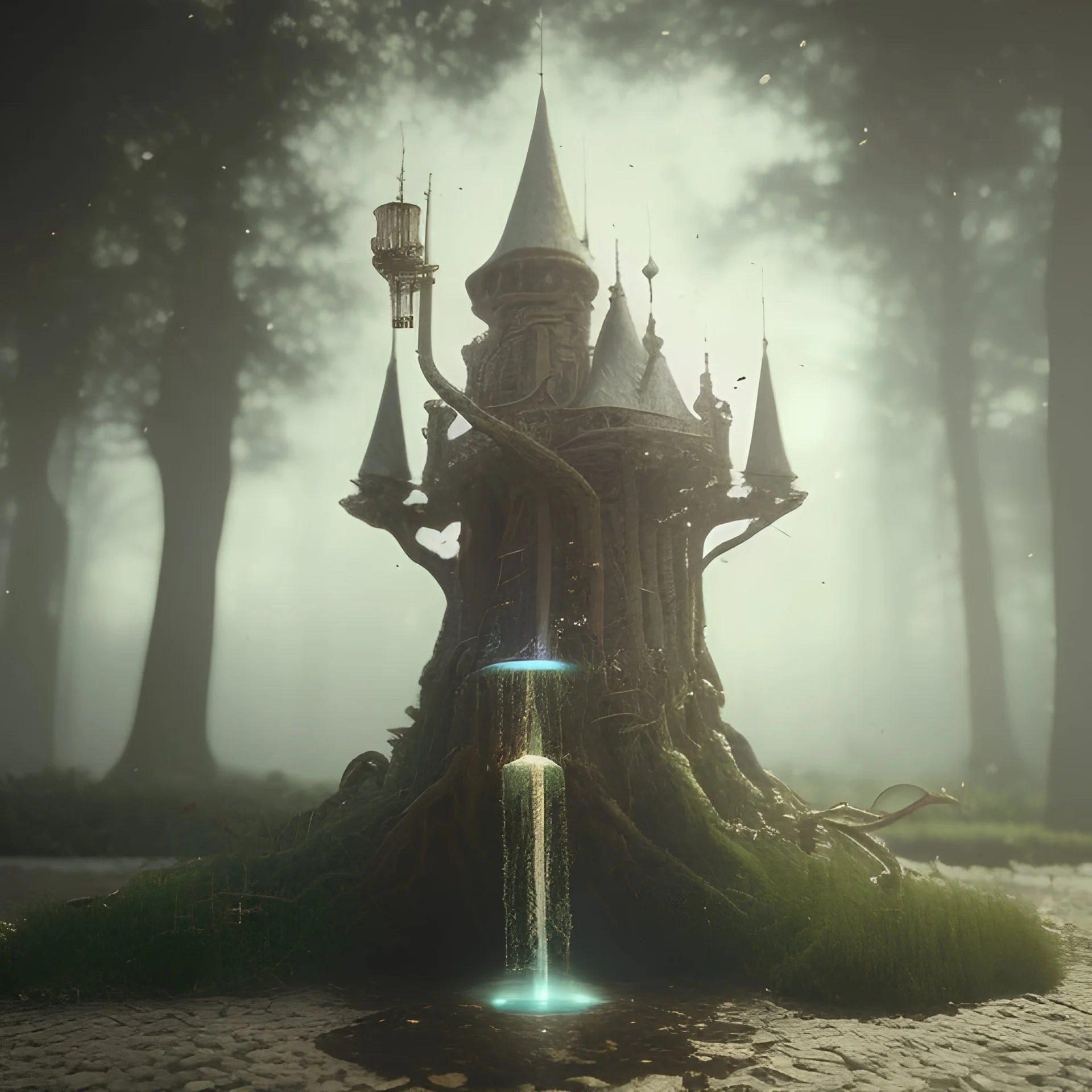 a fairy fountain, scary, steam punk, realistic, made in octane, cinematic, ultra-realistic, extremely detailed octane rendering, 8K, VRAY Super Real ar 2:3, dof photorealistic futuristic 50mm lens hard lighting dark gray tintype photograph, realistic lighting, sepia color