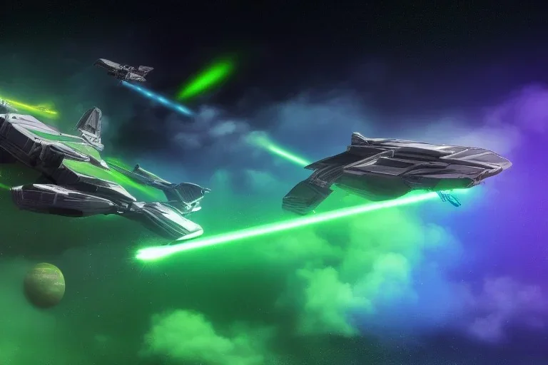 spaceship battle, spaceships, explosions, lasers, green lasers, explosions, painting